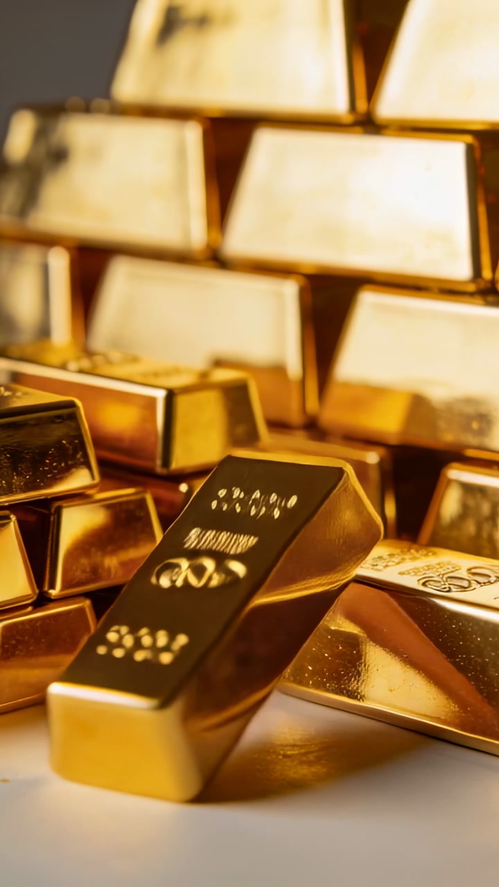 Vertical video: Sliding offcamera hand placing gold bar on studio table, revealing purity markings