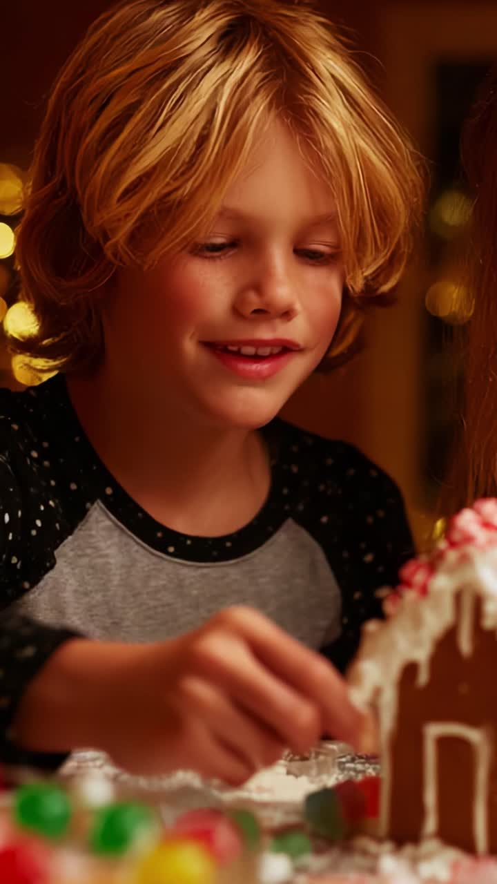 A Young Boy Enjoys Decorating a Colorful Gingerbread House with Candies and Icing, Showcasing the Joy and Creativity of Holiday Traditions in a Cozy, Festive Setting during Christmas Time