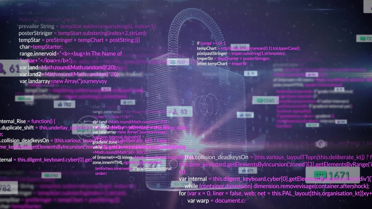 Animation of data processing and padlock on black background