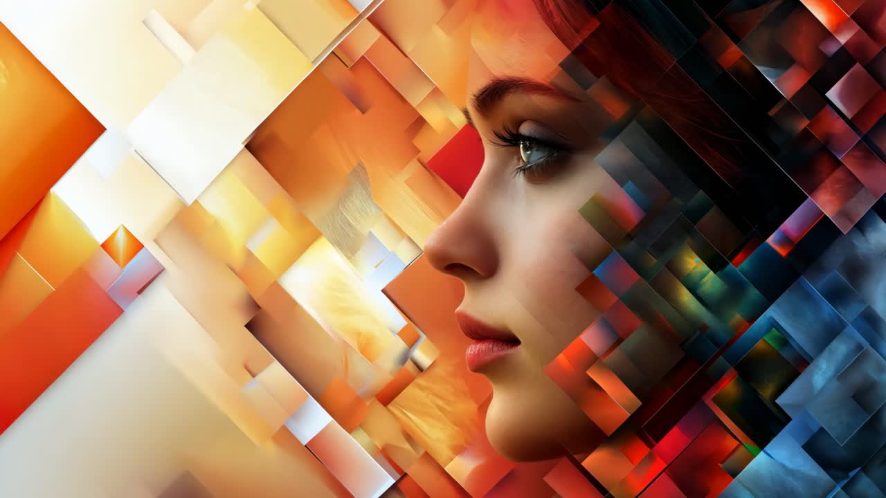 A woman's face is shown in a colorful, abstract style. The image is meant to evoke a sense of creativity and imagination, as well as a feeling of wonder and curiosity. The use of bright colors