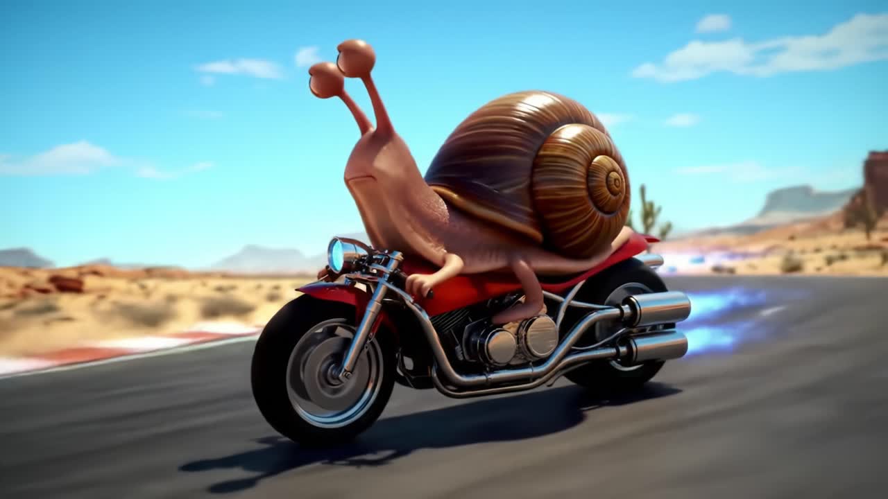 A daring snail racers down a desert highway, showcasing speed and agility as it further embraces the thrill of motorcycle riding in a vibrant and animated landscape