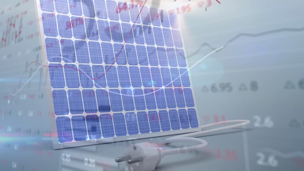 배경에서 태양 전지 패널에 대한 주식 시장 및 금융 데이터 처리