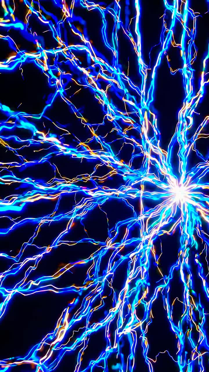 Dynamic top-down view of vibrant blue electric sparks radiating outward, resembling neural pathways