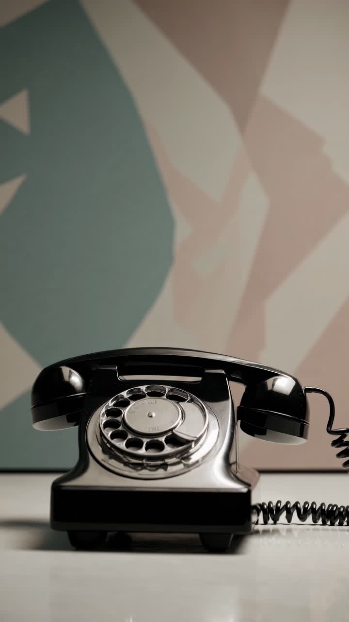 Telepon putar vintage di atas permukaan reflektif, diambil dari sudut rendah