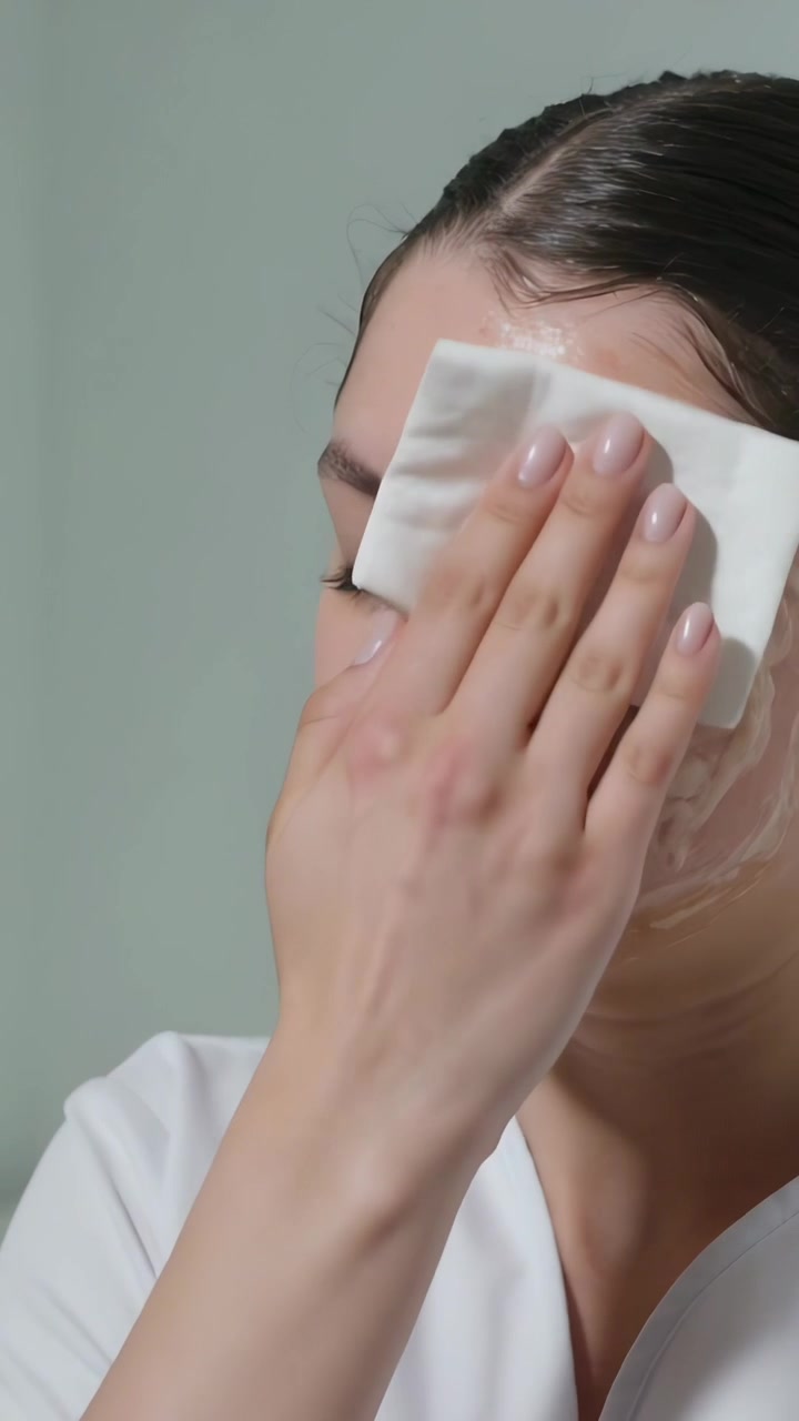 Vertical video: Wiping woman wearing robe with cream on face removing cream at sink with cotton pad