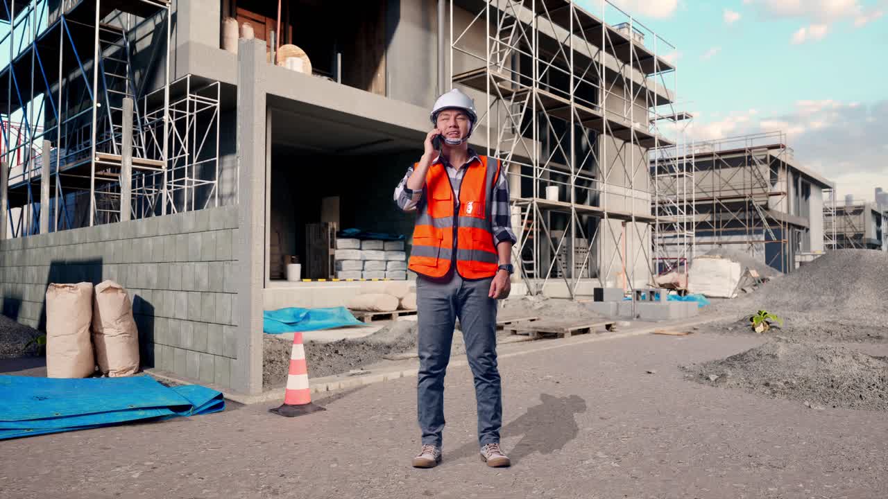 Full Body Of Asian Male Engineer With Safety Helmet Talking On Smartphone While Standing At Building & Construction Site in Progress to New House