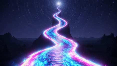 a surreal journey through a bright, mystical river under a starry sky, leading toward a glowing celestial light above majestic mountain peaks