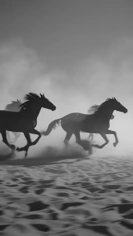 silhouettes of wild horses running through dust in the desert