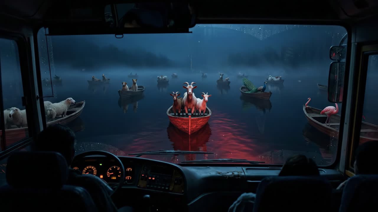Persone che guardano animali su barche su un misterioso lago nebbioso