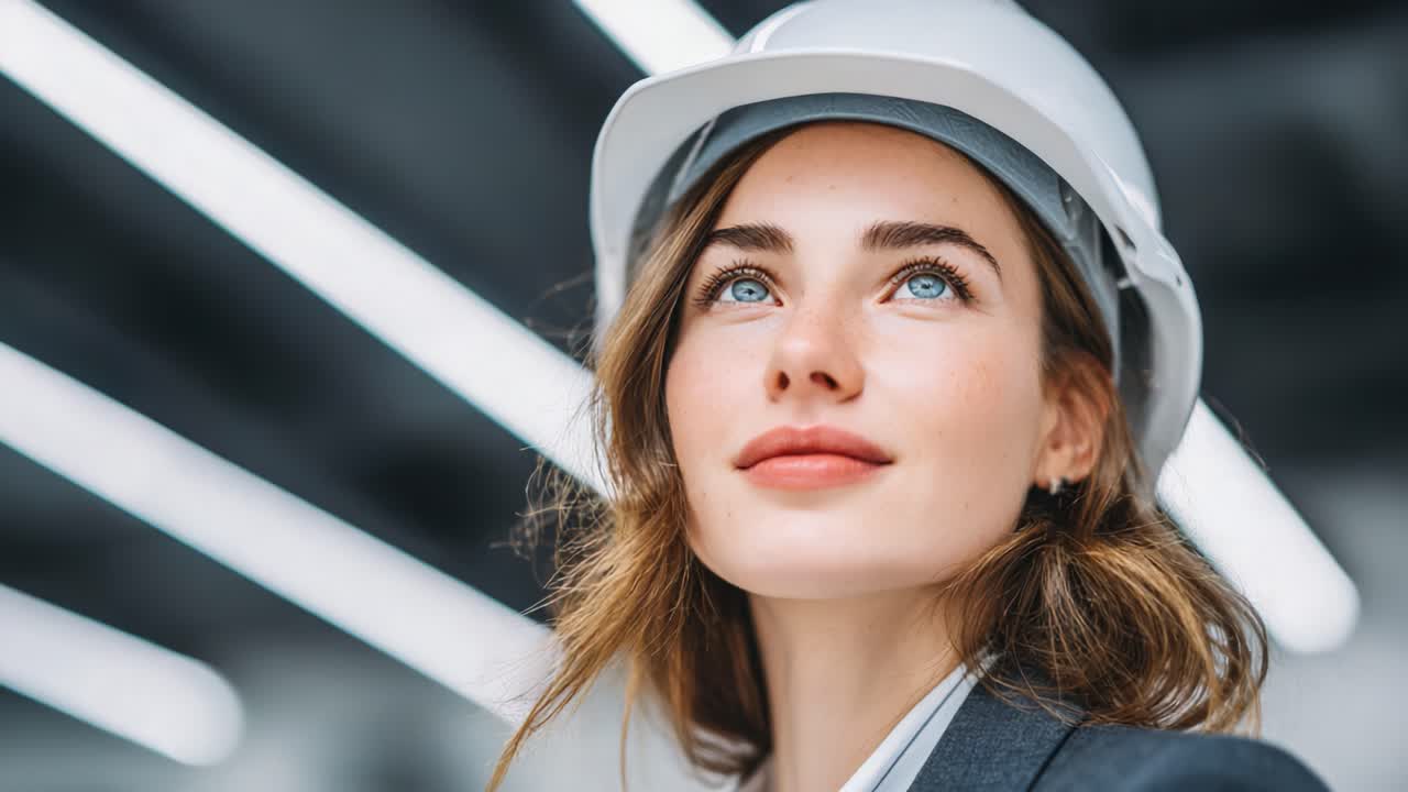 A Professional Female Engineer in a Hard Hat Gazes Upward in a Modern Workspace, Showcasing Confidence and Ambition in Her Career
