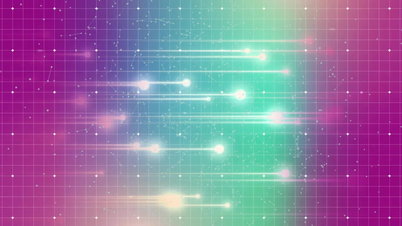 Animation of glowing light trials moving over pink to green background