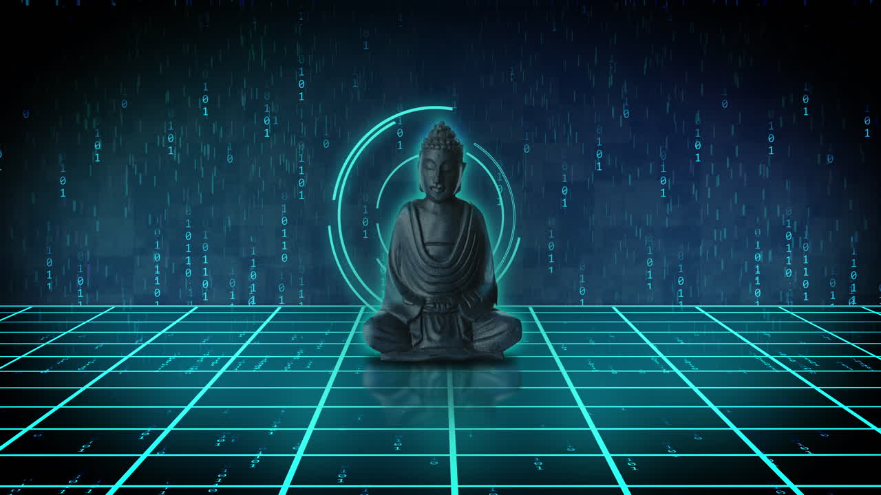 Animazione di una figura di Buddha in meditazione su una ruota di caricamento dati, griglia e scie luminose
