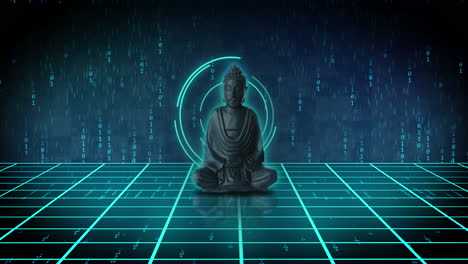 animation of meditating buddah figure over data loading wheel, grid and light trails