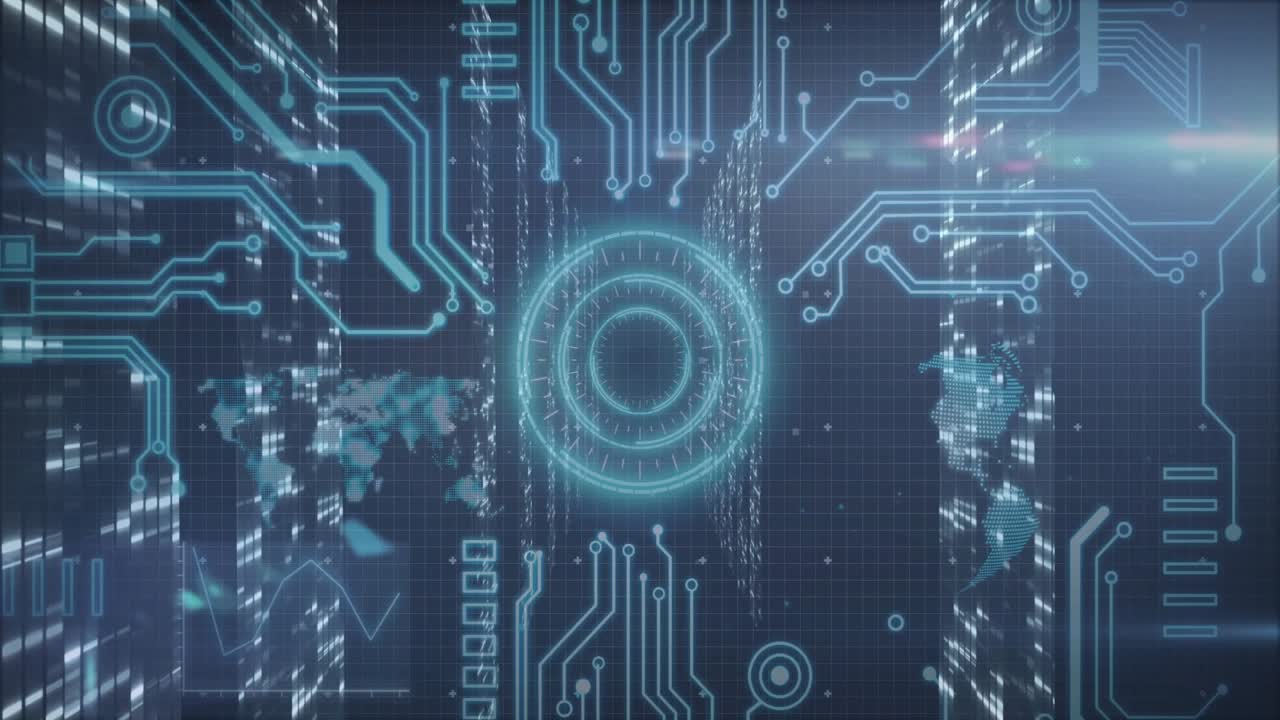 Holographic circular display floating over grid, showing neon blue circuit traces with data blocks