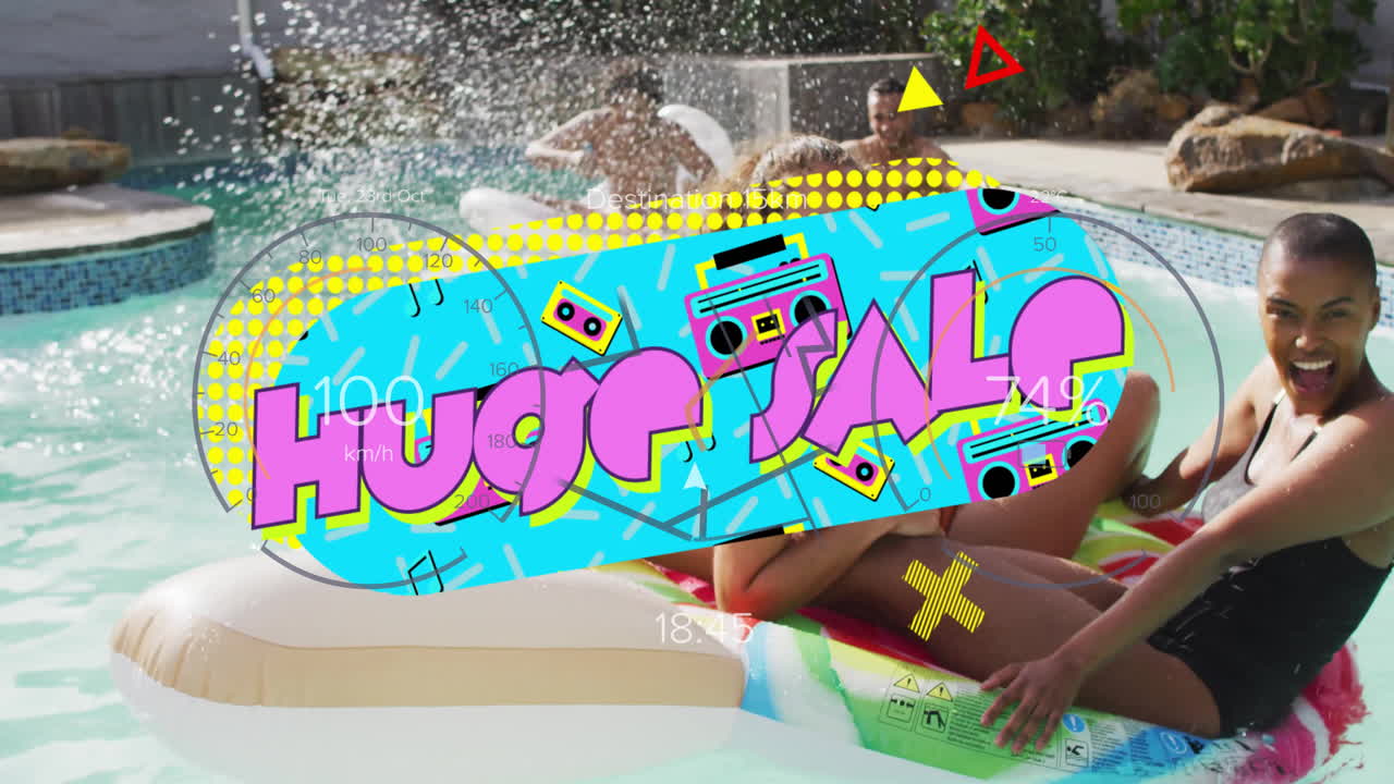 Huge sale text animation over people enjoying pool with colorful graphics