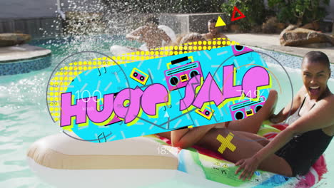 huge sale text animation over people enjoying pool with colorful graphics