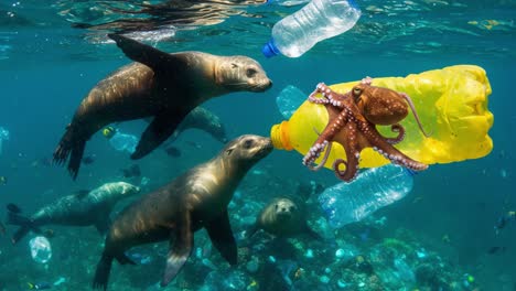 a striking underwater scene featuring sea lions and an octopus interacting with plastic waste, highlighting the urgent need for ocean conservation efforts