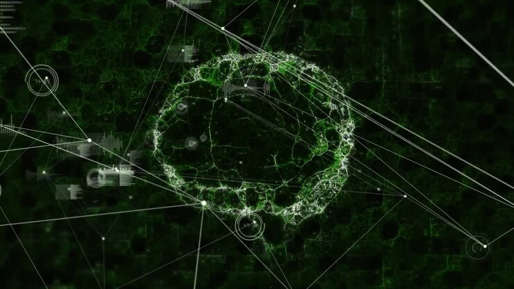 Animation of digital brain and network of connections on black background