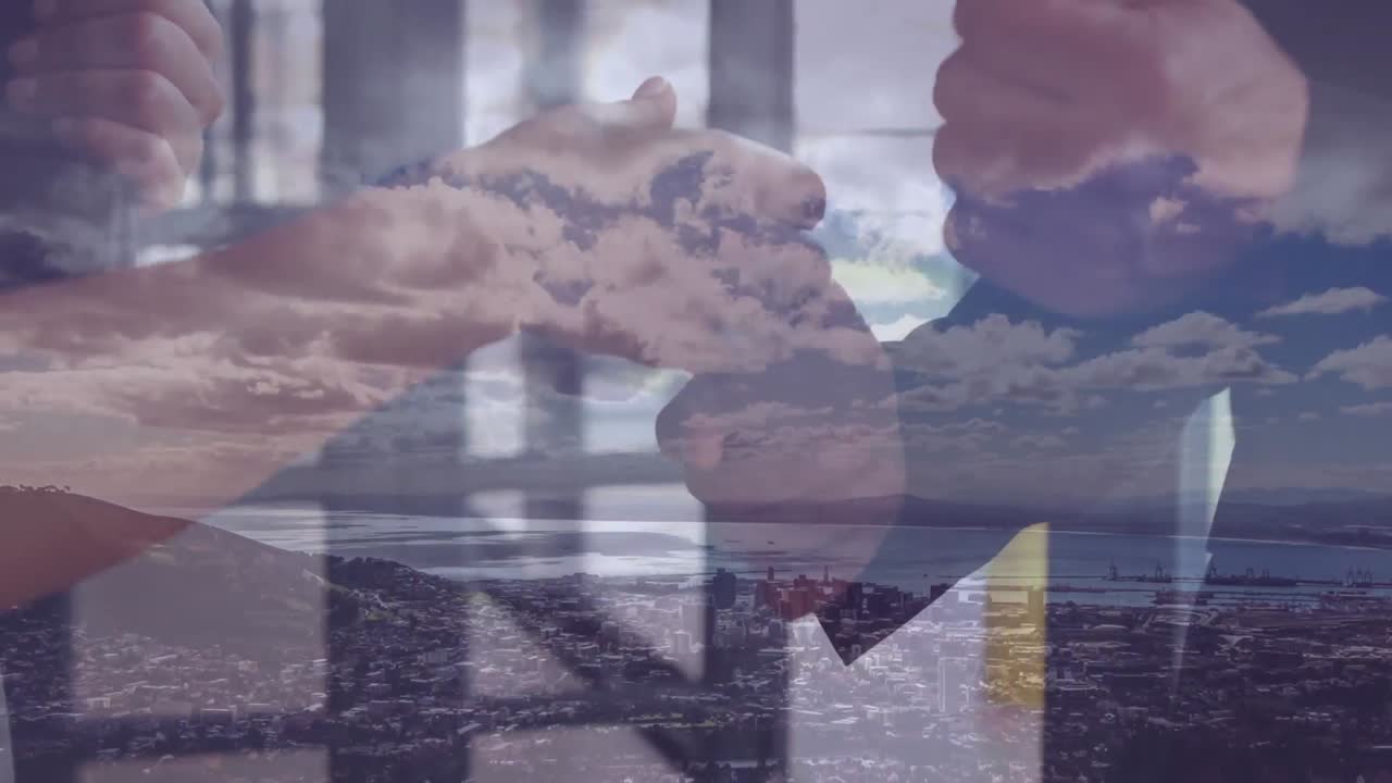 animación del apretón de manos de un hombre de negocios sobre nubes y paisaje urbano