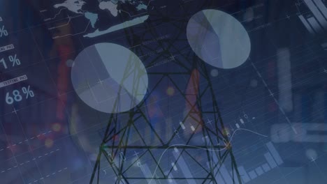 animación de gráficos y datos financieros sobre los postes de electricidad al anochecer
