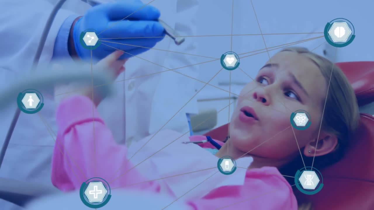 치과의사 의자에 있는 소녀에 대한 아이콘으로 연결된 네트워크의 애니메이션