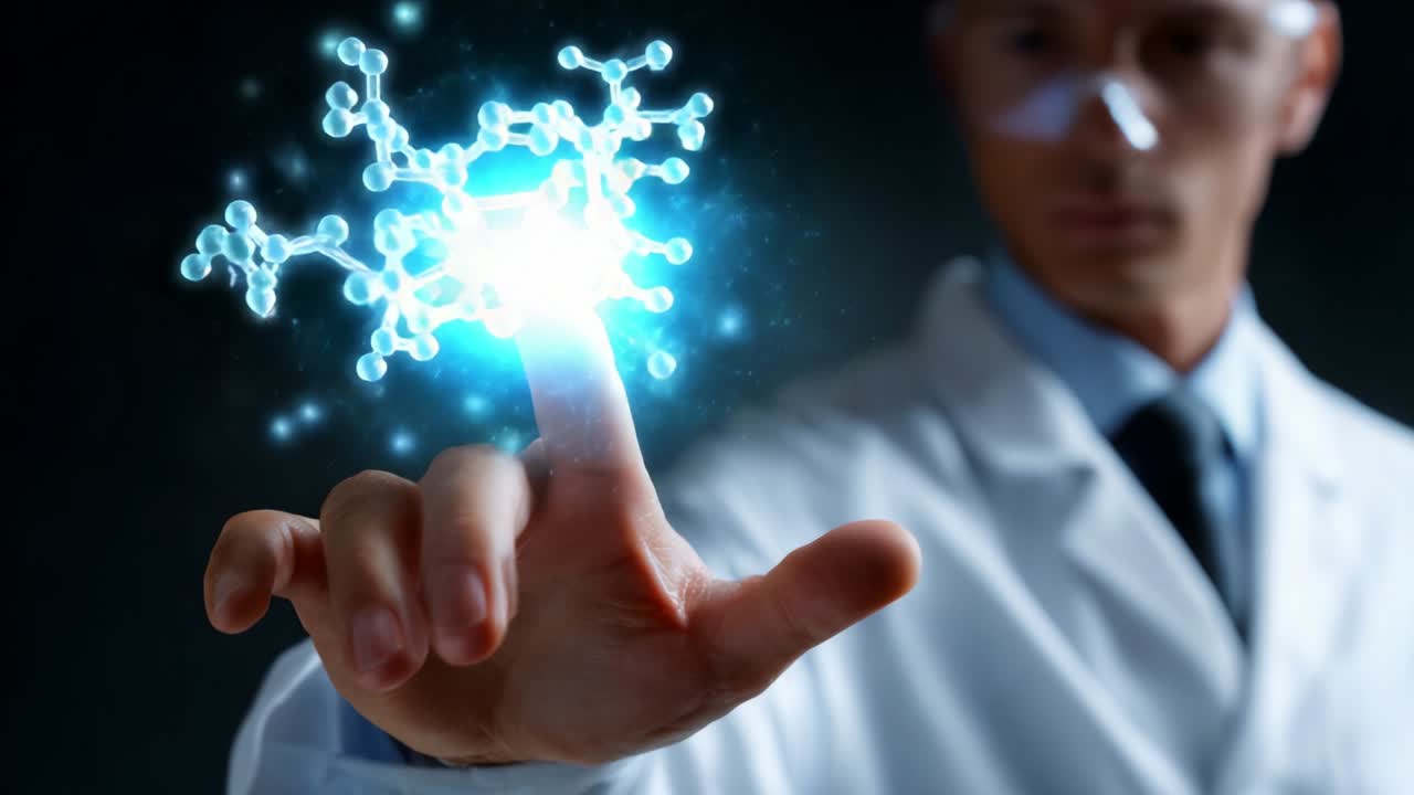 A scientist wearing a lab coat interacts with a futuristic molecular structure in a digital interface, highlighting the intersection of technology and biology in modern research and experimentation