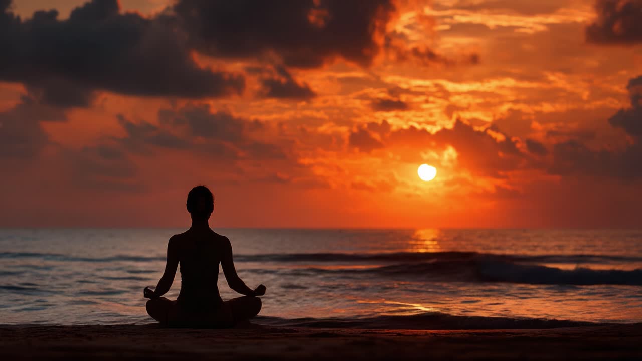 Peaceful Meditation at Sunset: A Serene Silhouette Overlooking the Ocean Waves as the Sun Sets on the Horizon, Evoking Tranquility and Inner Calm