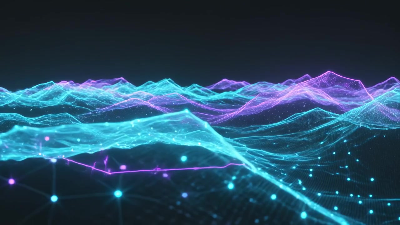 Virtual camera dollying forward revealing abstract neon mesh waves in dark void, nodes pulsing