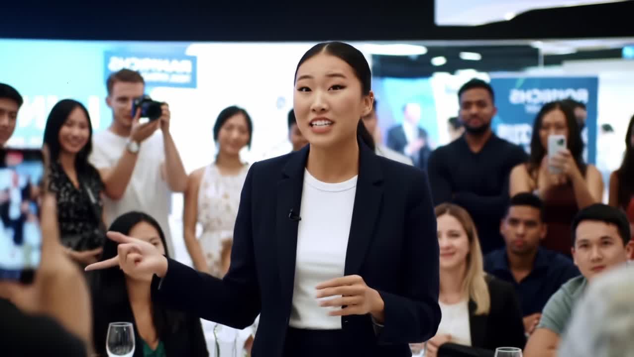 Engaging Public Speaking: A Confident Young Woman Addresses an Enthusiastic Audience in a Contemporary Event Setting