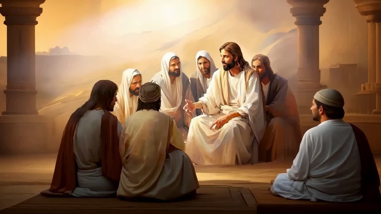 A serene video scene depicting a biblical gathering, captured from a low angle