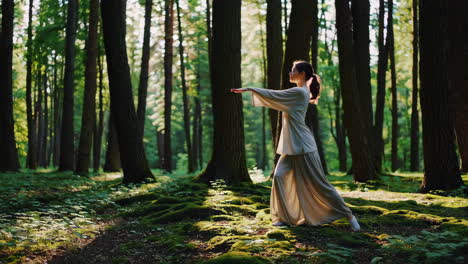 woman practicing tai chi in a forest