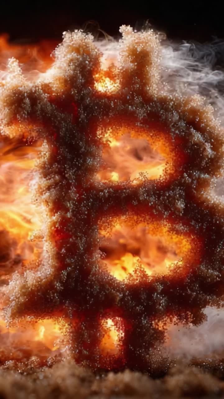 A Fiery Representation of Cryptocurrency: The Bitcoin Symbol Erupts in Flames, Blending Elements of Fire, Sugar, and Artistic Expression for a Captivating Visual Experience