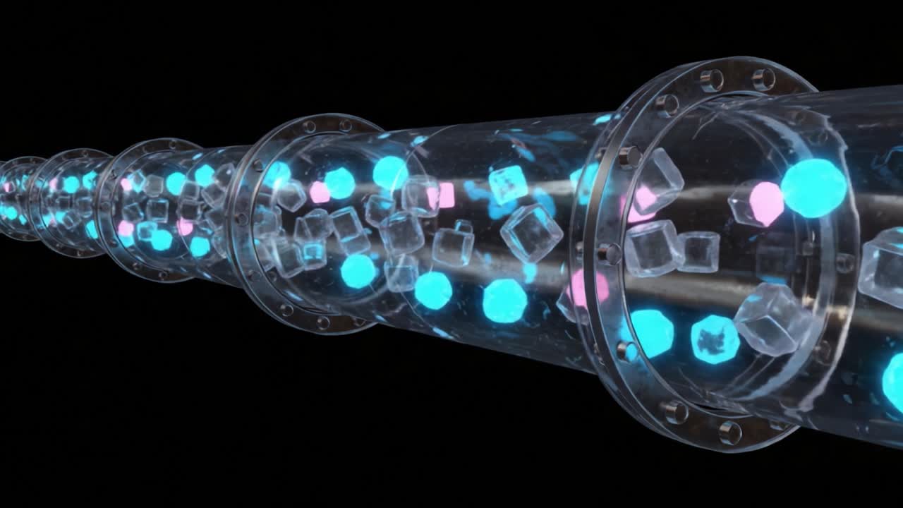 A Mesmerizing Sequence of Vibrant Colors and Geometric Shapes Inside a Transparent Pipe Highlighting Fluid Dynamics and Aesthetic Visuals