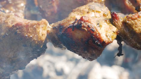 Dripping-fat-from-pork-shahlik-on-natural-wood-grill,-close-up-view