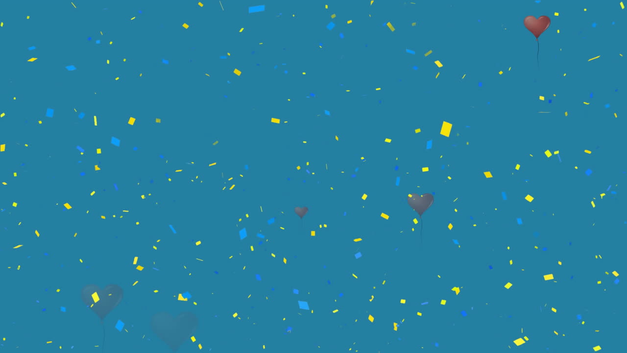 파란색 배경에 떠다니는 콘페티와 회색 심장 풍선의 애니메이션