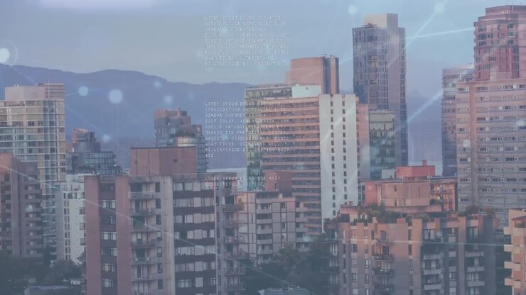 Animação de rede de conexões e processamento de dados sobre a paisagem urbana