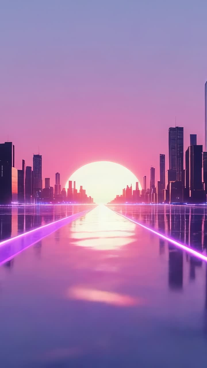 Vertical video: Scene opening neon sun pulsing magenta lines on mirror water in cityscape, looping