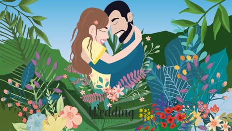 animation of happy couple together in jungle on blue background