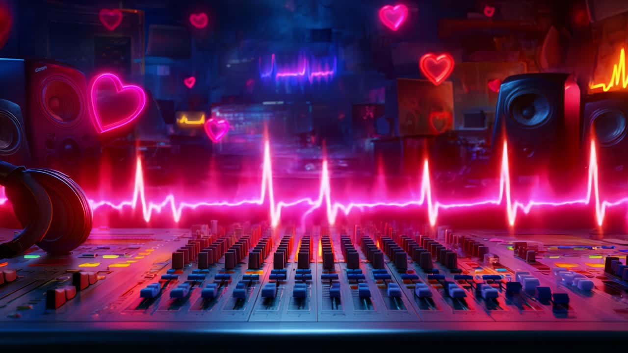 A vibrant and energetic scene featuring a digital music mixing console illuminated with neon visuals, heart symbols, and dynamic sound waves, capturing the essence of a lively music experience