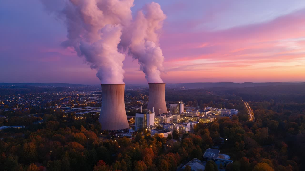 Vista aerea di una centrale nucleare al tramonto con torri di raffreddamento che emettono vapore sotto un cielo vibrante e un paesaggio circostante illuminato dalle luci della città