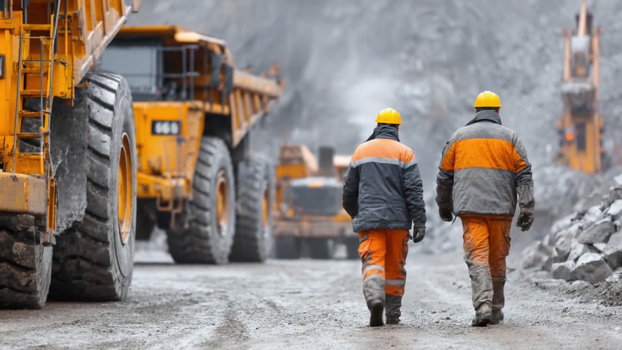 Two construction workers in safety gear walking through a rugged mining site, surrounded by heavy machinery and rocky terrain, emphasizing a collaborative work environment