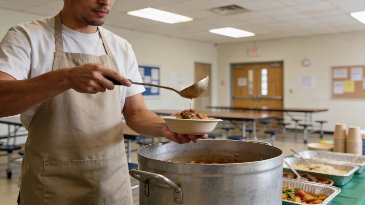 Lifting ladle, server at station in light tee, beige apron scooping stew into bowl serving portion
