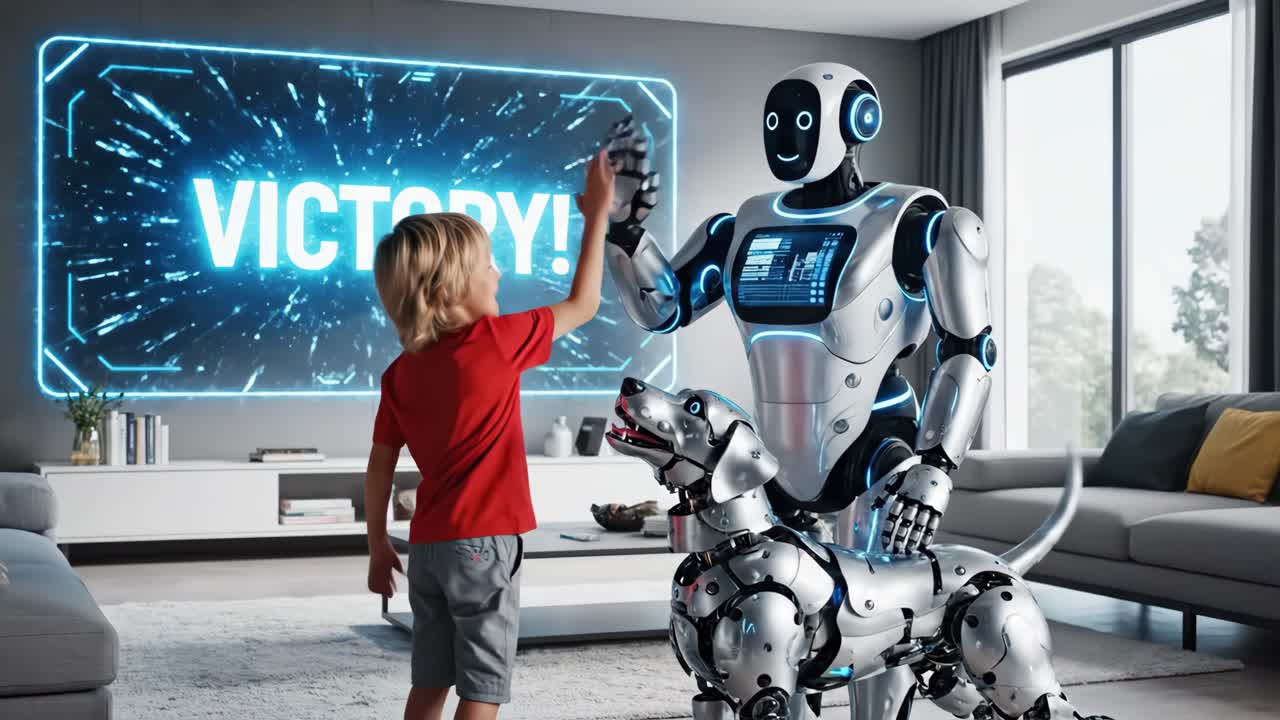A boy and a robot dog give a high five with a robot