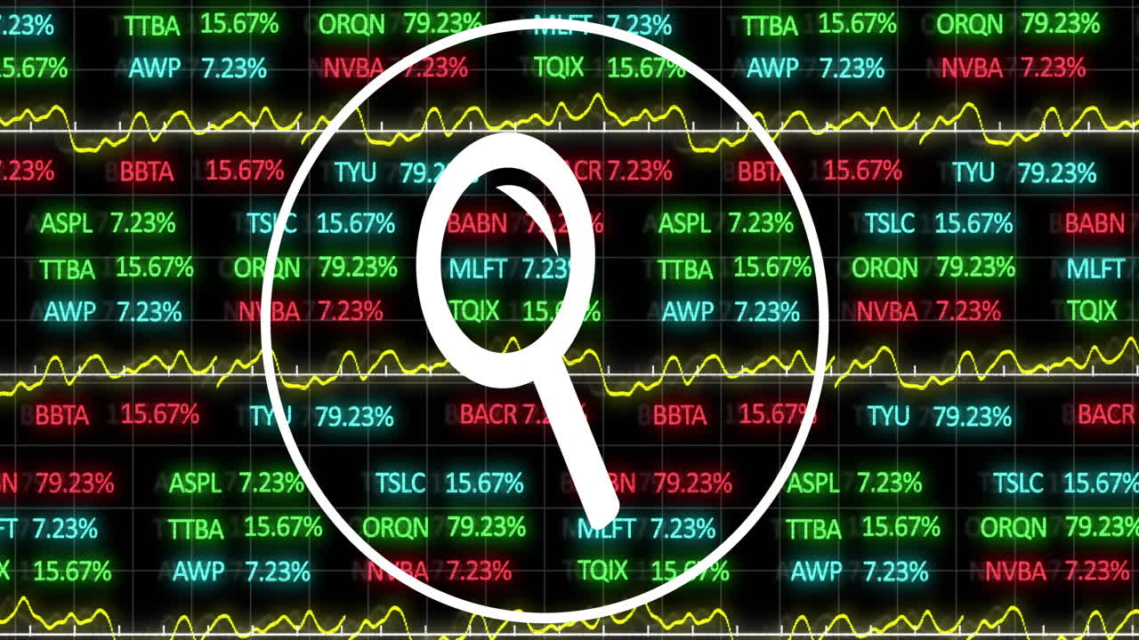 animación de lupa sobre los datos fluctuantes del mercado de valores con varios símbolos de ticker