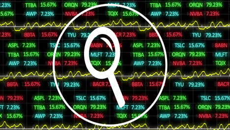 magnifying glass animation over fluctuating stock market data with various ticker symbols