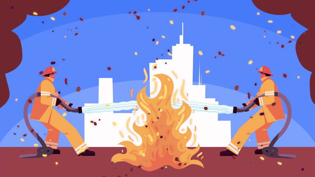 도시 건물의 화재 장면 애니메이션