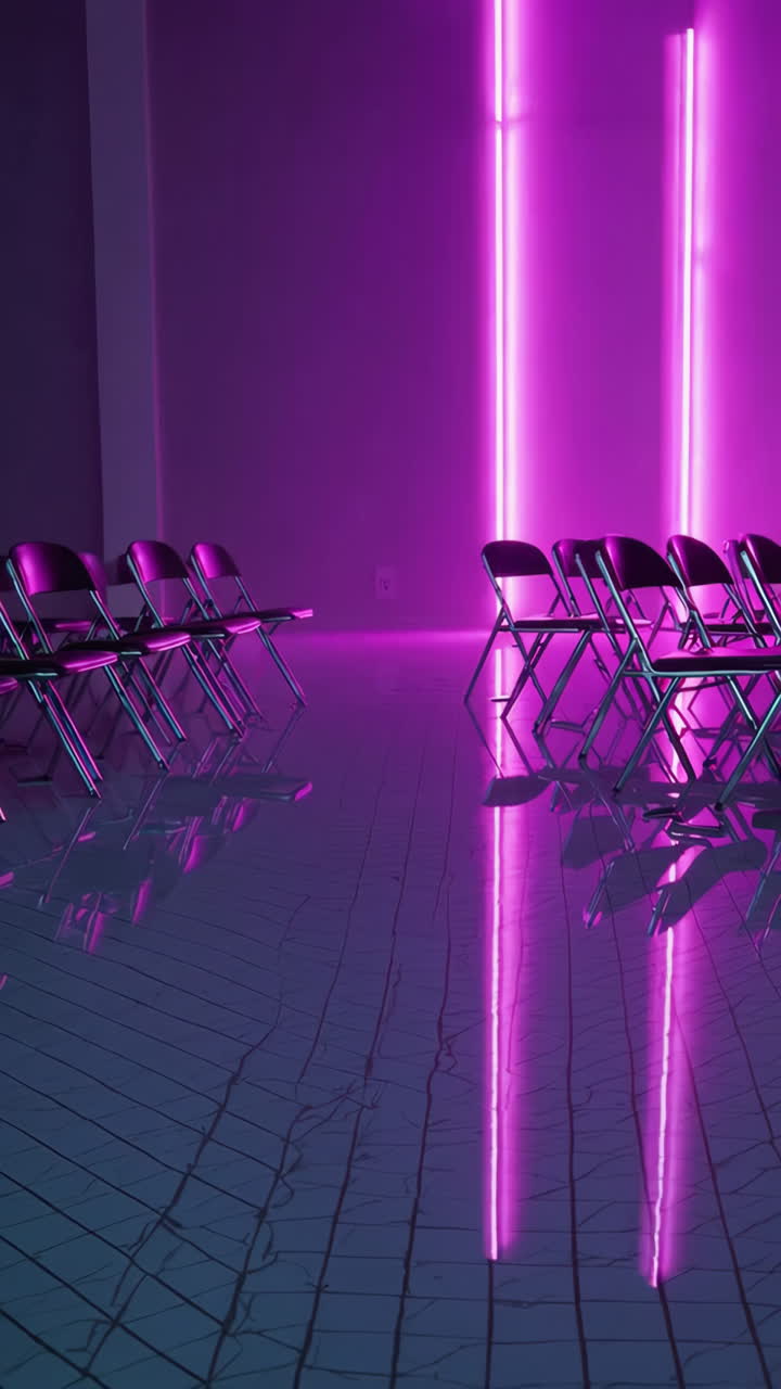 Empty Meeting Room with Neon Lighting and Reflections