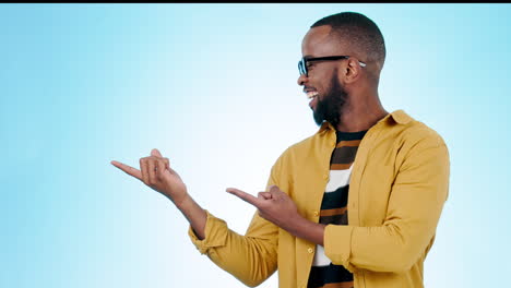 Black man, pointing and laughing  face with space