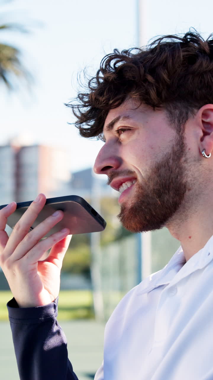 Ung mand smiler, mens han taler i smartphone udendørs.
