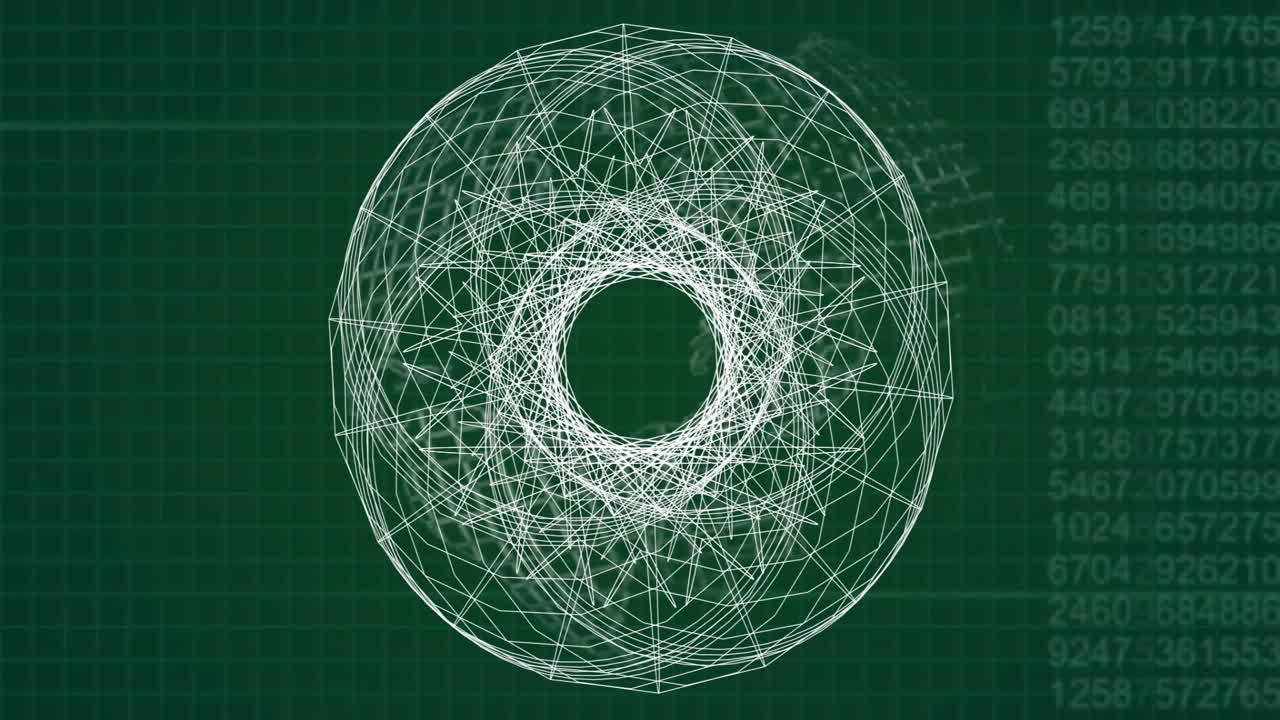 animación de esfera de marco de alambre geométrico sobre fondo verde con datos numéricos